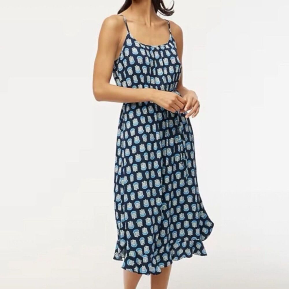 J.Crew Sleeveless Ruffle Hem Printed Midi Dress Blue 2